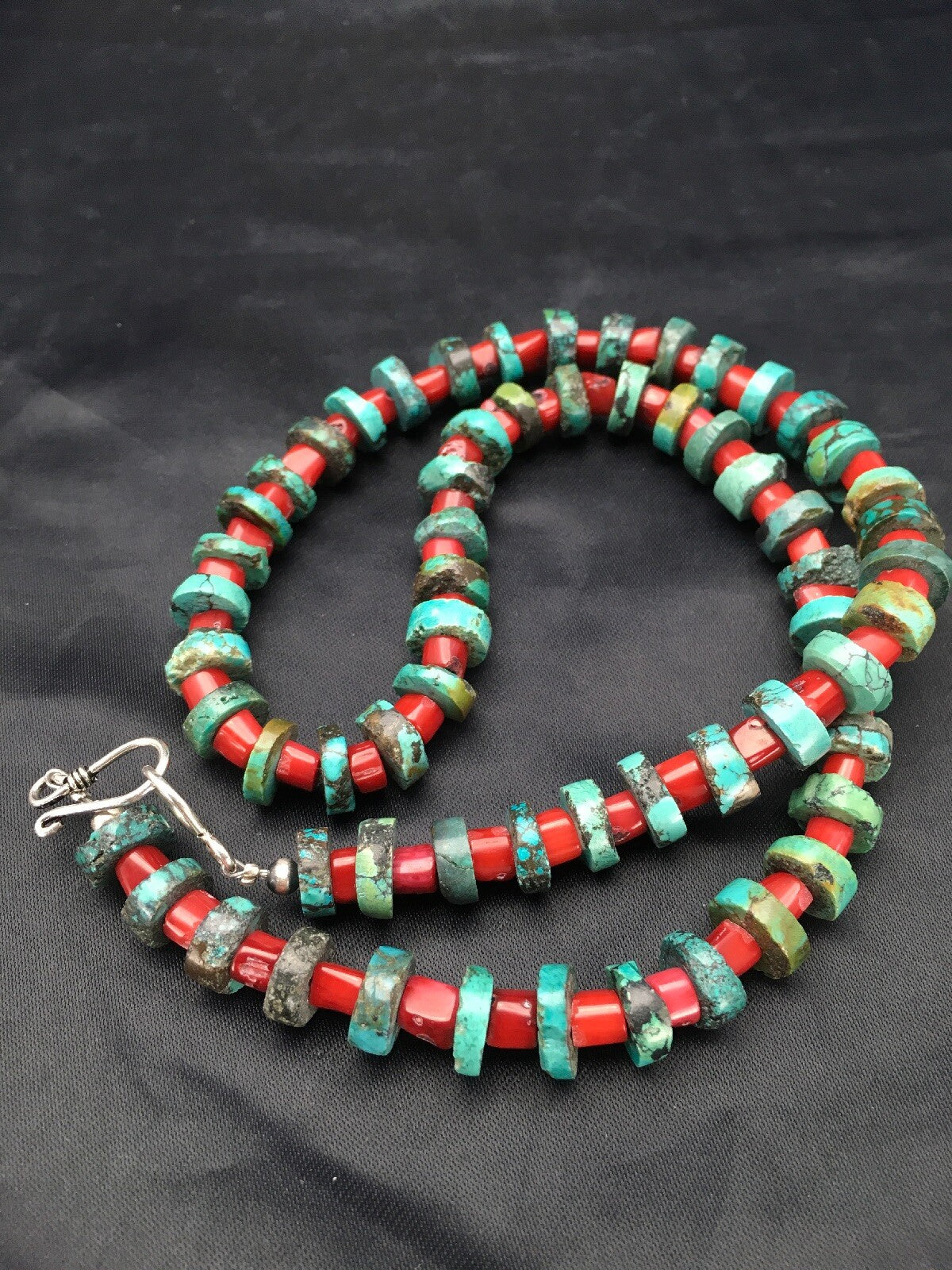 Turquoise Heishi 10 mm Bamboo Coral Sterling Silver Necklace