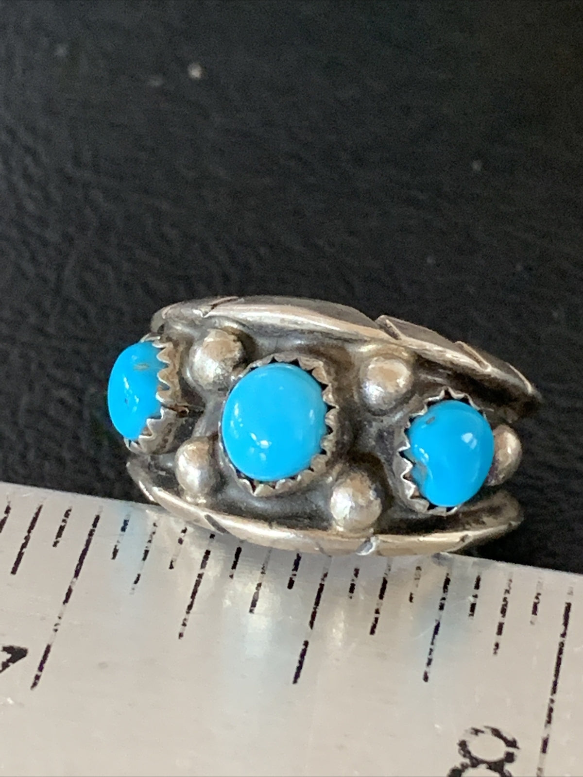Blue Turquoise 3 stone Navajo Sterling Silver Old Pawn Ring Size 8 10788
