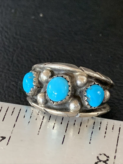 Blue Turquoise 3 stone Navajo Sterling Silver Old Pawn Ring Size 8 10788