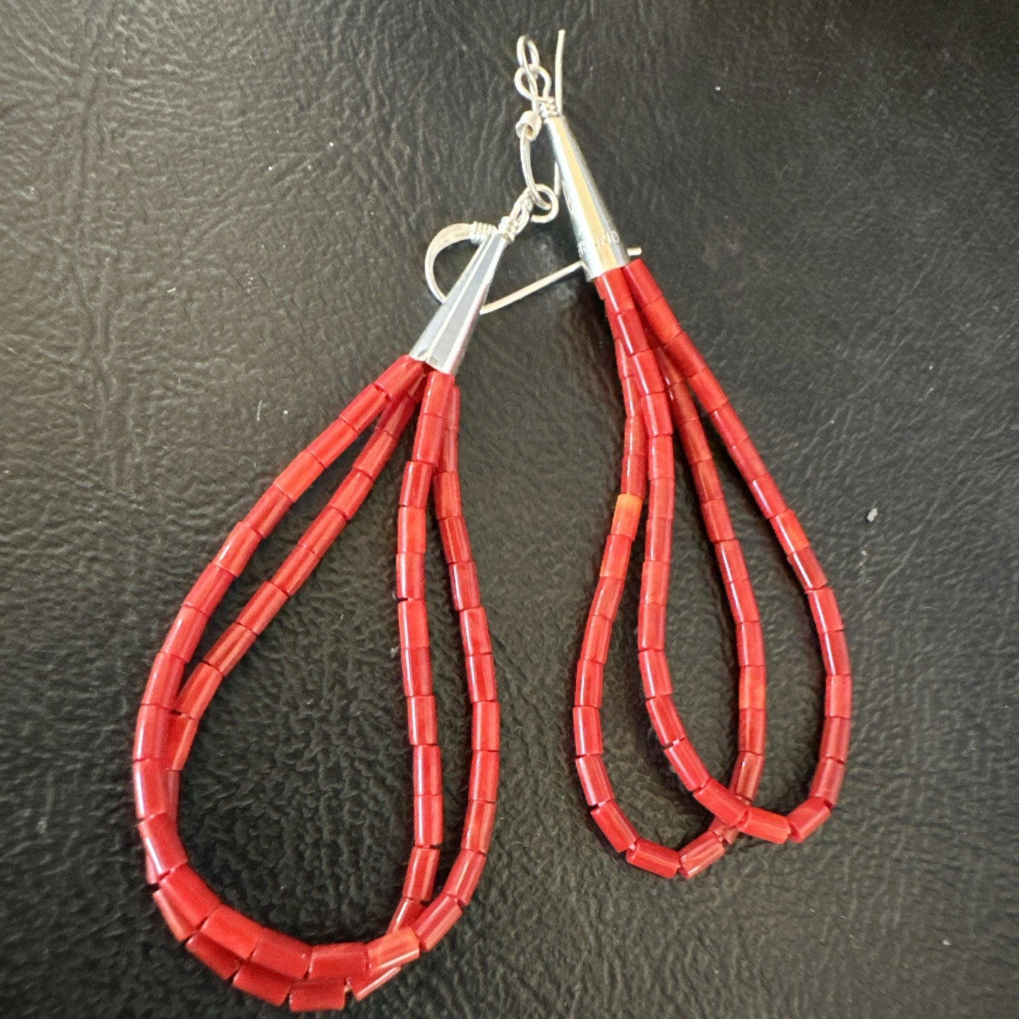 Apple Coral Tube Heishi Dangle Liquid Sterling Silver Earrings 2" 19042