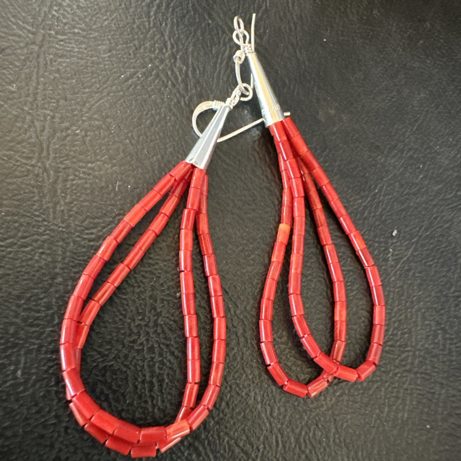 Apple Coral Tube Heishi Dangle Liquid Sterling Silver Earrings 2" 19042
