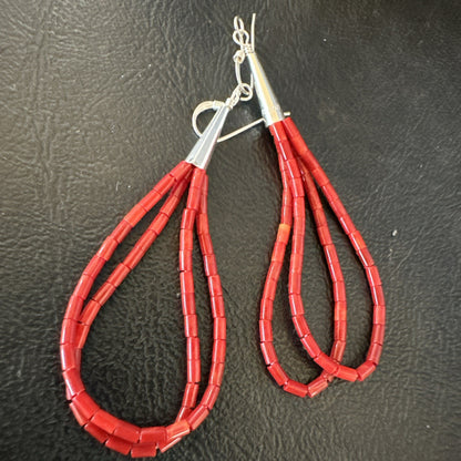 Apple Coral Tube Heishi Dangle Liquid Sterling Silver Earrings 2" 19042