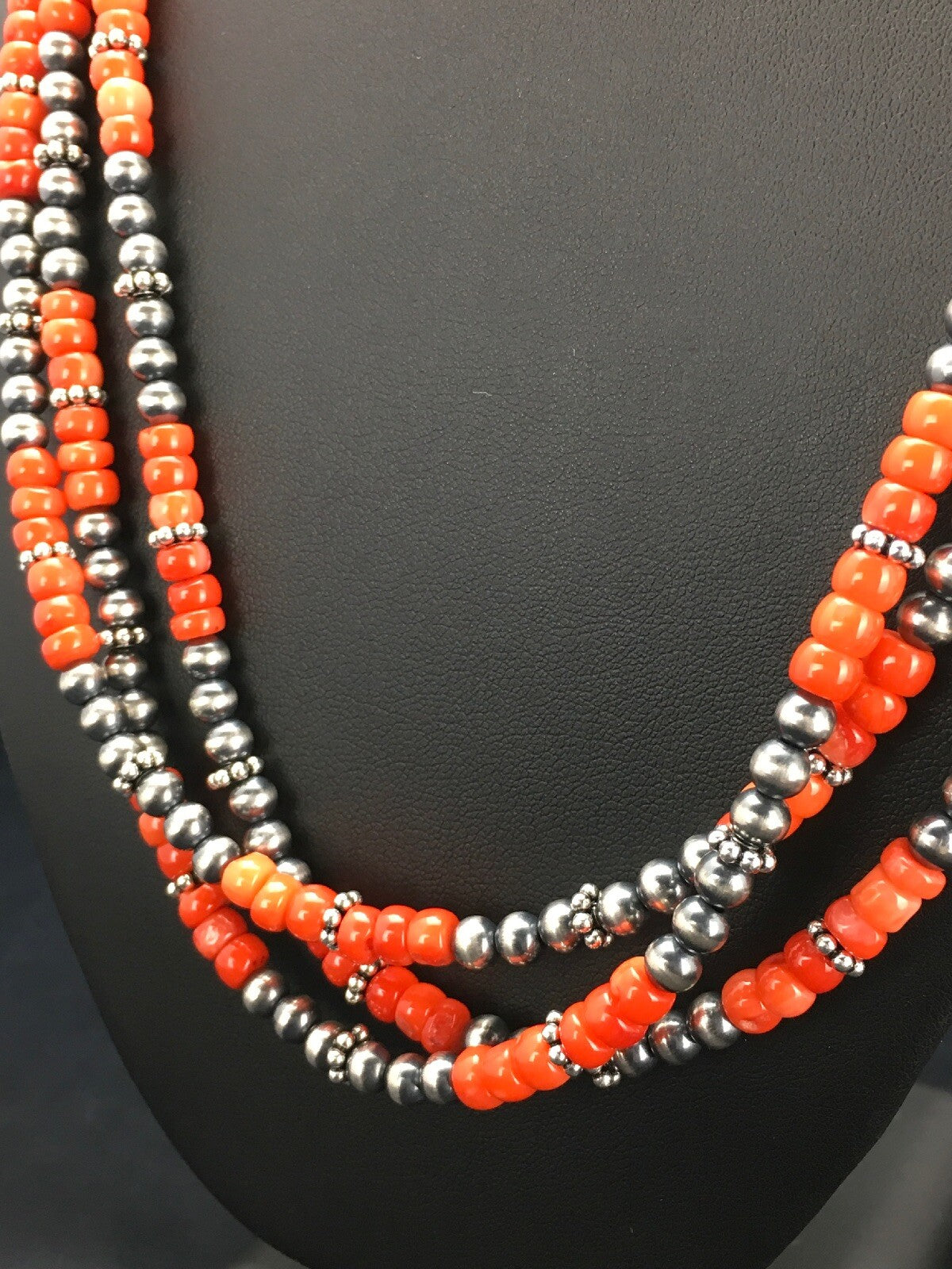 Red Coral 3 Strand Sterling Silver Navajo Necklace 02585
