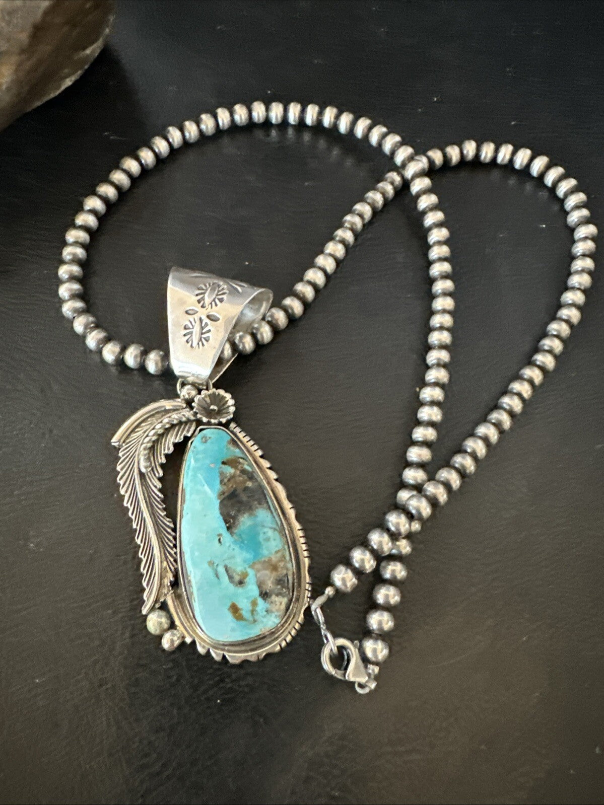 Mens Womens Blue Turquoise Pendant Sterling Silver Beads Sterling Necklace 18648