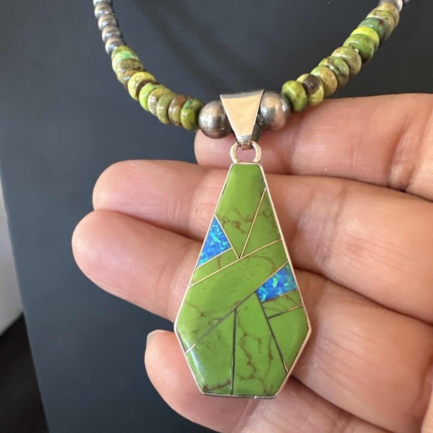 Womens Green Gaspeite Turquoise Pendant Navajo Sterling Silver Necklace 19546