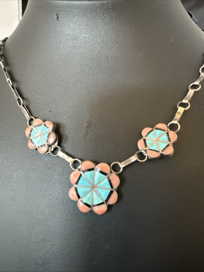Pink Coral Turquoise Pendant Zuni Sterling Silver Old Pawn Necklace 22" 19143