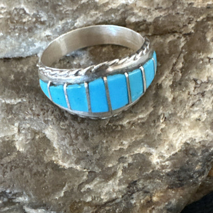 Native American Indian Navajo Blue Turquoise Inlay Band Ring Sz 8 17970