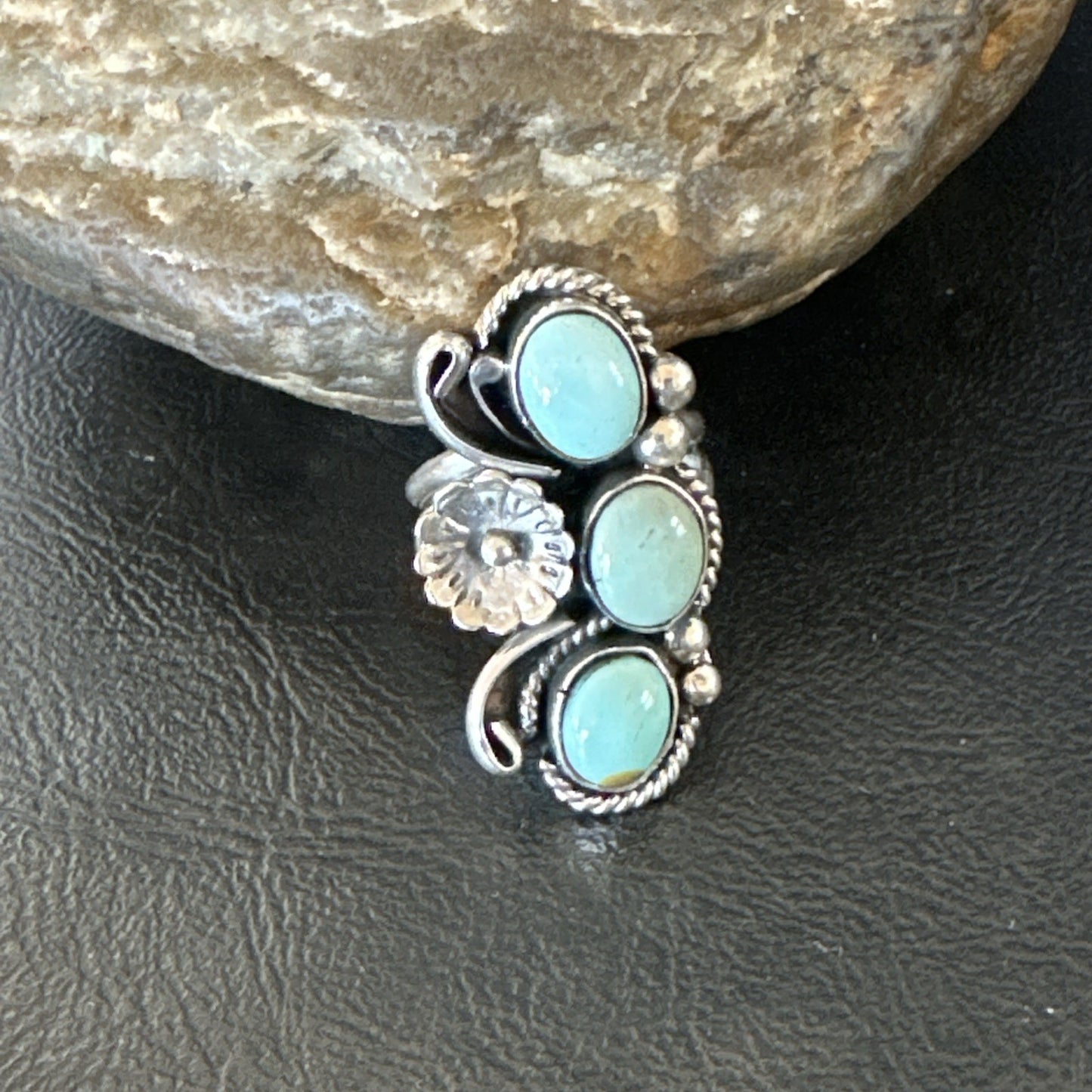 Yazzie Ring Blue Turquoise Navajo Sterling Silver Cluster Size 8.5 19225