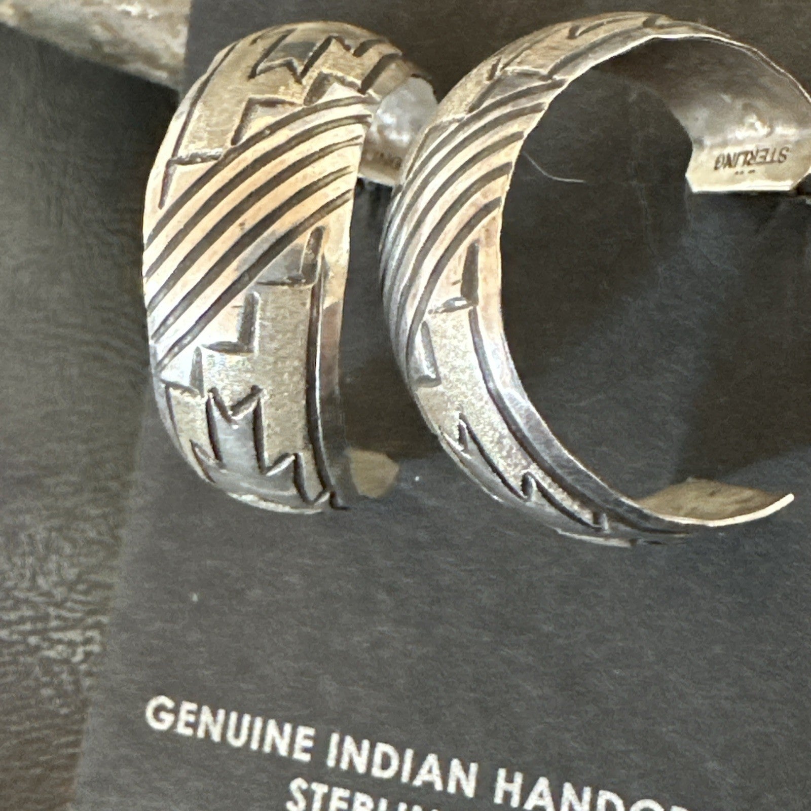 Old Pawn Womens Stamped Design All Sterling Silver Hoop Stud Earrings 1" 19093