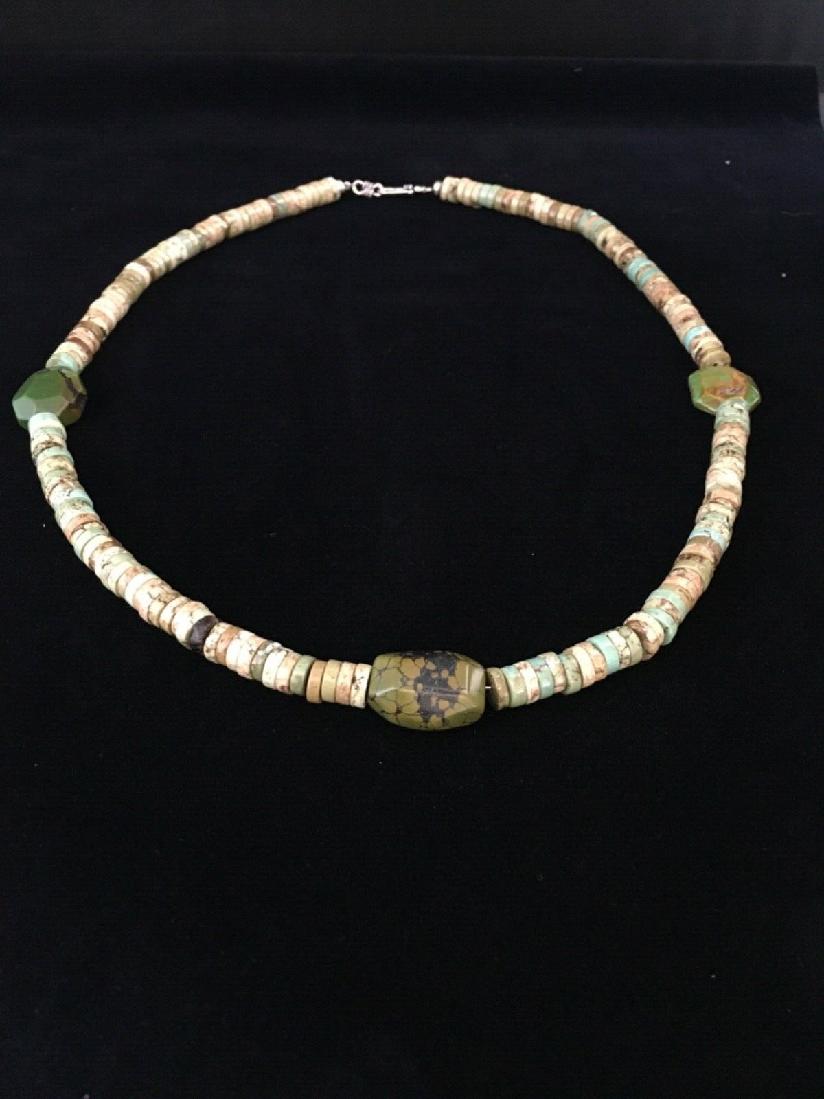 Mens Green Turquoise Chunky Navajo Sterling Silver Heishi Necklace 22" 1781