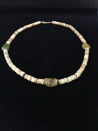 Mens Green Turquoise Chunky Navajo Sterling Silver Heishi Necklace 22" 1781
