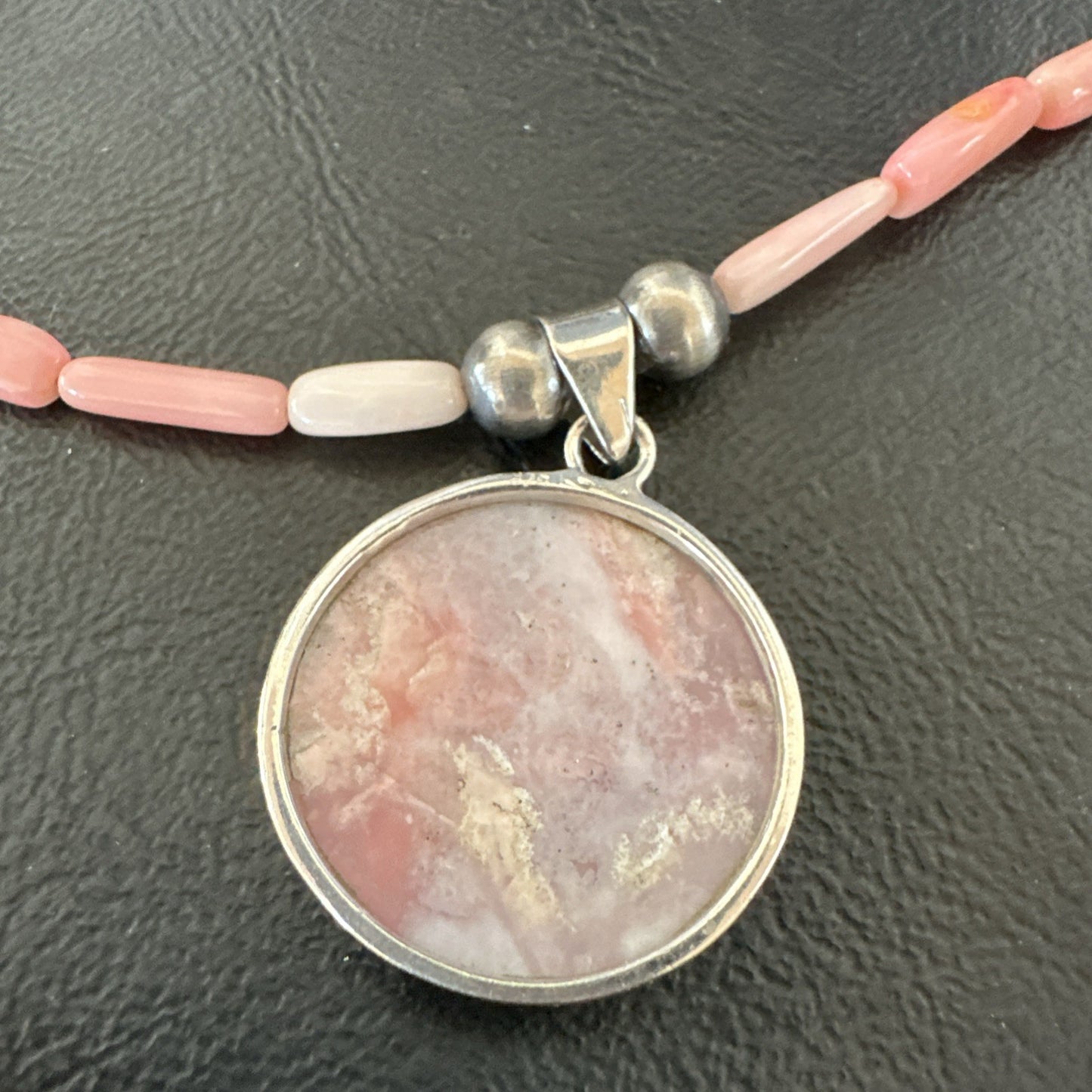 Southwestern Sterling Silver Pink Coral Bead Necklace Quartz Pendant 24" 19588