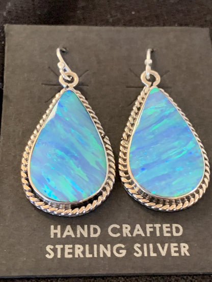 Native American Womens Navajo Sterling Silver Blue Opal Earrings 00471