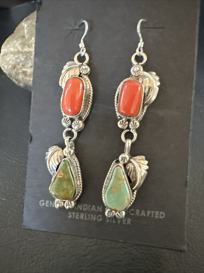 Green Royston Turquoise Red Coral Navajo Sterling Silver Dangle Earrings 1634