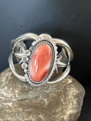 Red Spiny Oyster Navajo Cuff Bracelet | Sterling Silver | Authentic Native American Handmade | 17704