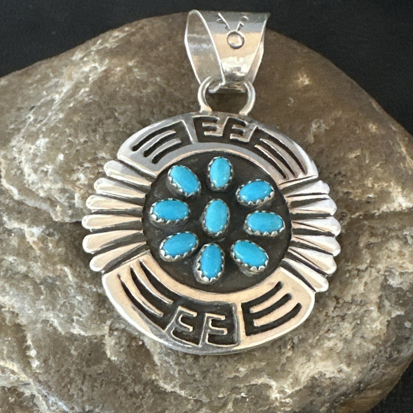 Blue Kingman Turquoise Navajo Sterling Silver Cluster Pendant 2"19285
