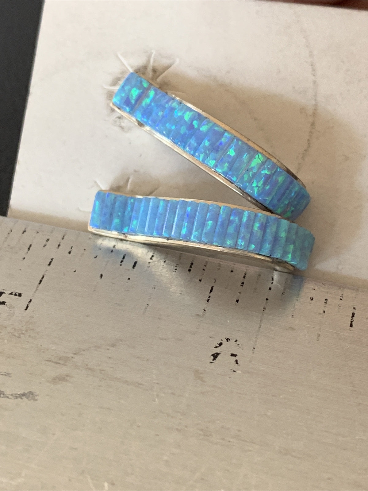 Blue Opal Inlay Navajo Sterling Silver Hoop Earrings 1" 1718