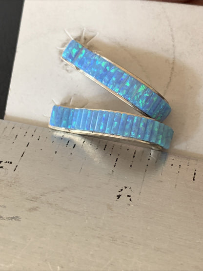Blue Opal Inlay Navajo Sterling Silver Hoop Earrings 1" 1718