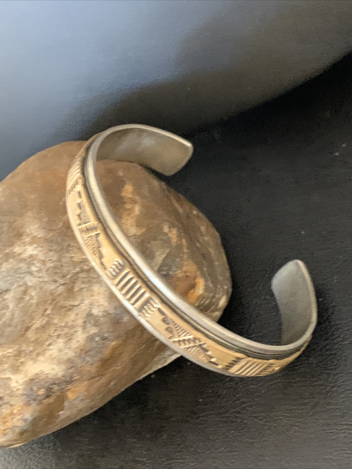 Mens Navajo Handmade Stamped Sterling Silver 12K Gold Cuff Bracelet 19032