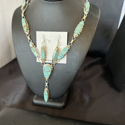 Inlay Blue Turquoise#8 Navajo Sterling Silver Lariat Necklace Earrings 24” 17770