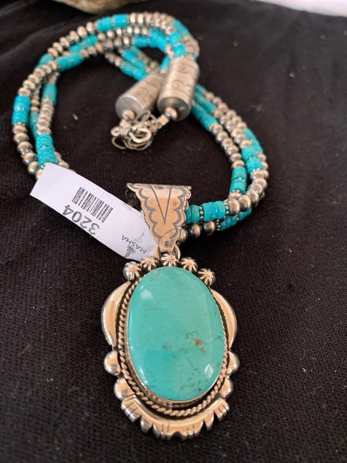Kingman Turquoise Pendant 3 Strands Navajo Pearls Sterling Silver Necklace 03204