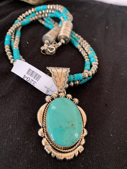 Kingman Turquoise Pendant 3 Strands Navajo Pearls Sterling Silver Necklace 03204