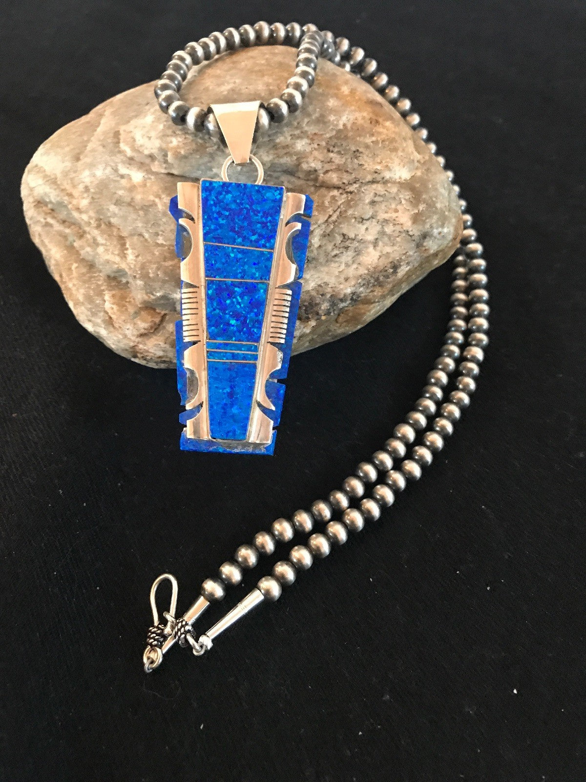 Blue Opal Pendant Navajo Pearls Beads Sterling Silver Necklace 08281