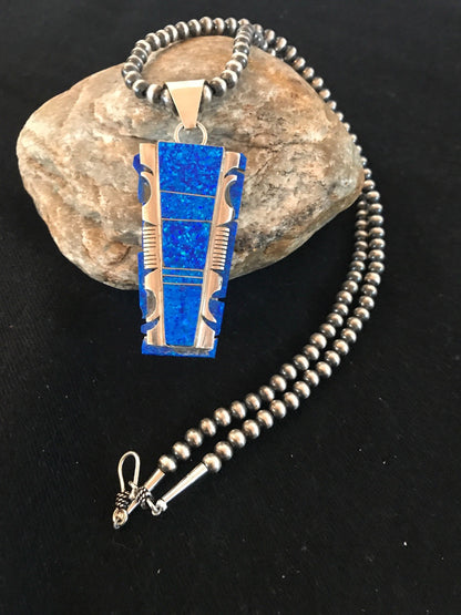Blue Opal Pendant Navajo Pearls Beads Sterling Silver Necklace 08281