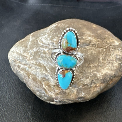 Navajo Sterling Silver Cluster Blue Turquoise Ring Sz 10 18574