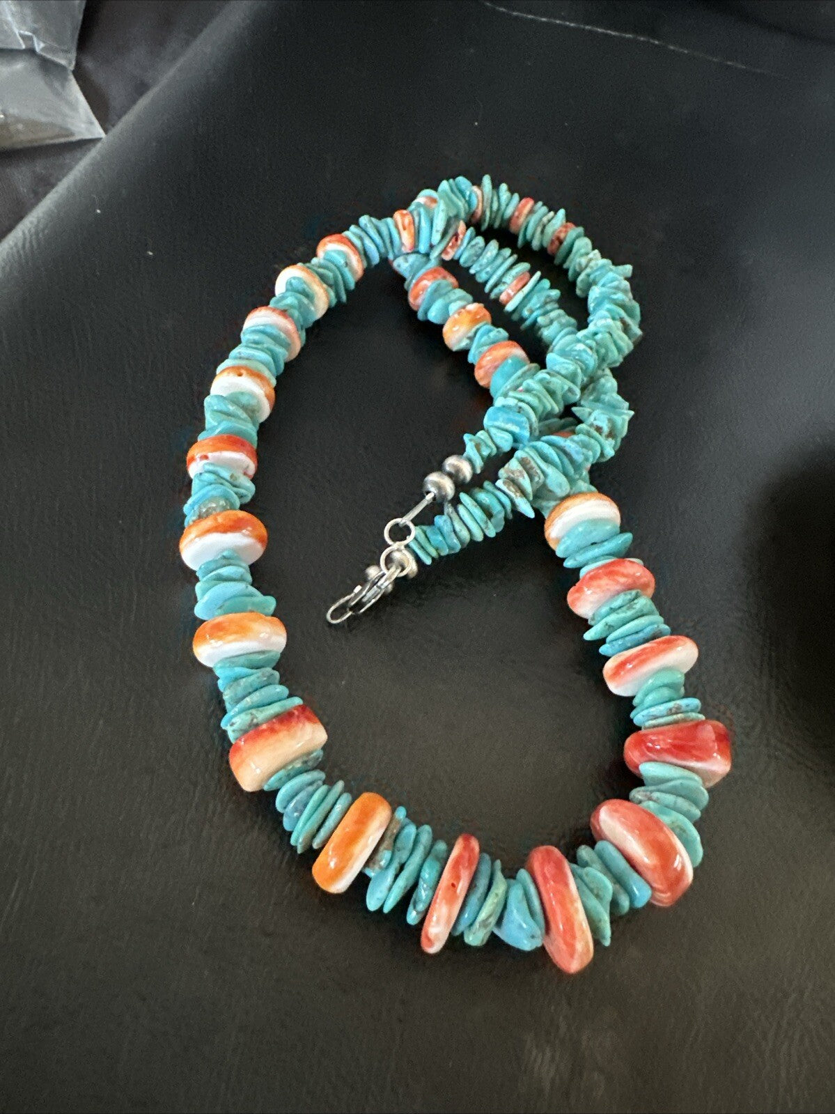 Red Spiny Oyster Blue Turquoise Navajo Sterling Silver Necklace 23" 18267