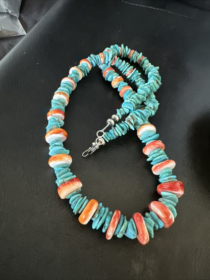 Red Spiny Oyster Blue Turquoise Navajo Sterling Silver Necklace 23" 18267