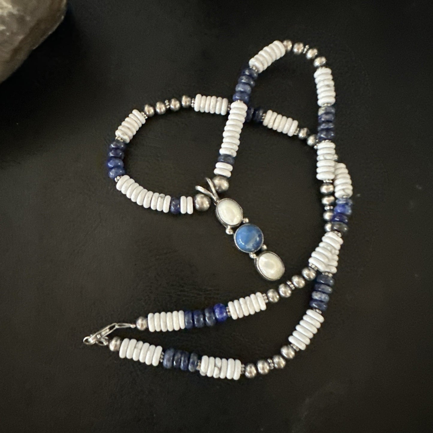 Blue Lapis White MOP Howlite Pendant Navajo Sterling Silver Necklace 19656