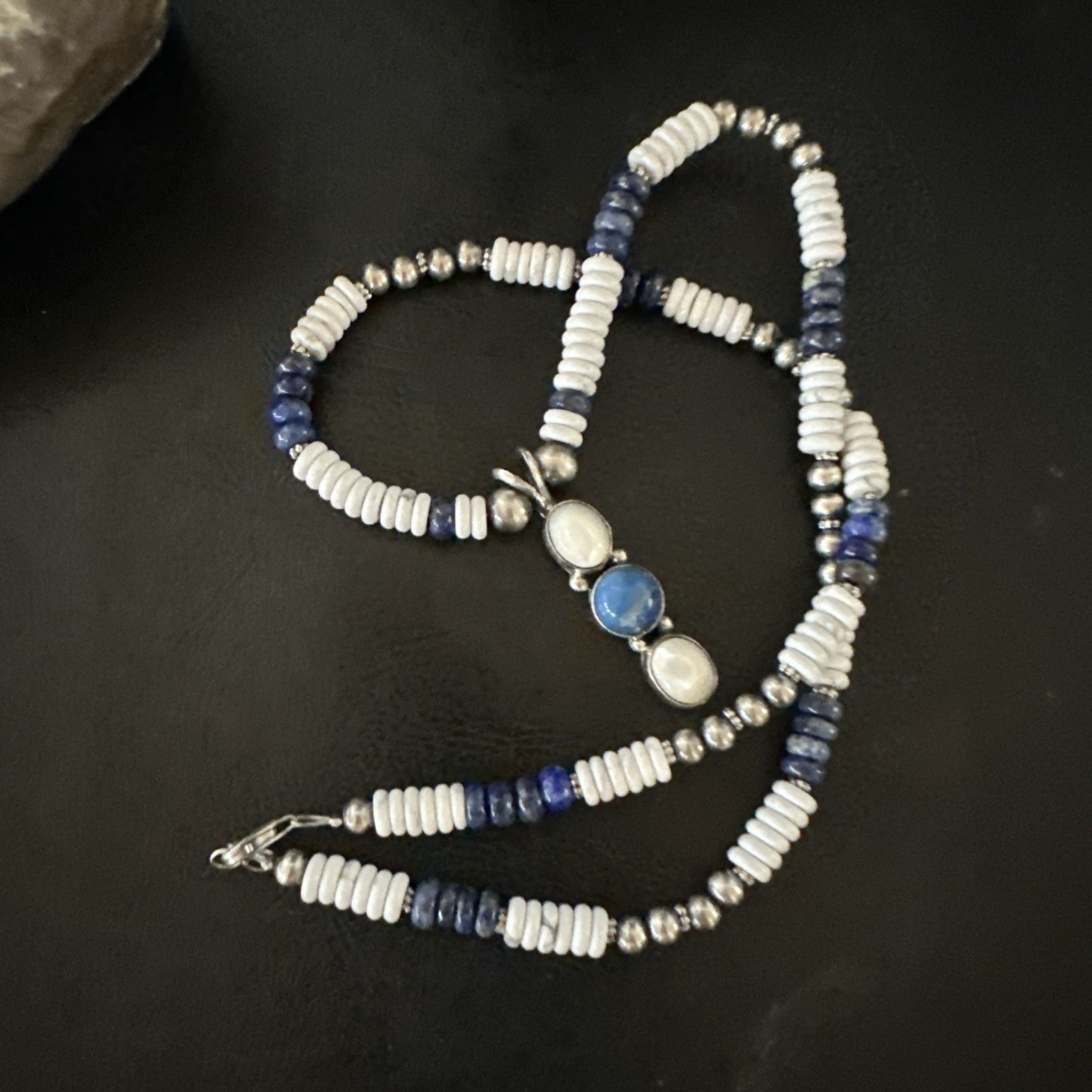 Blue Lapis White MOP Howlite Pendant Navajo Sterling Silver Necklace 19656