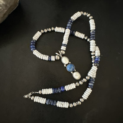 Blue Lapis White MOP Howlite Pendant Navajo Sterling Silver Necklace 19656