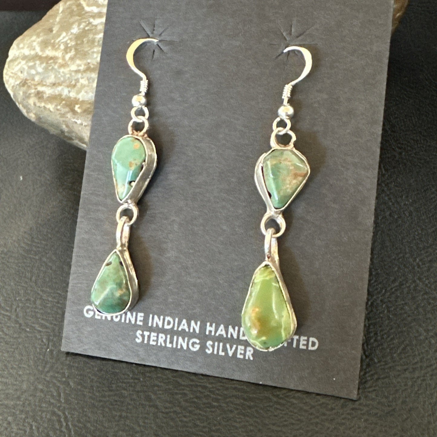 Green Royston Turquoise Navajo Sterling Silver Dangle Earrings 19414