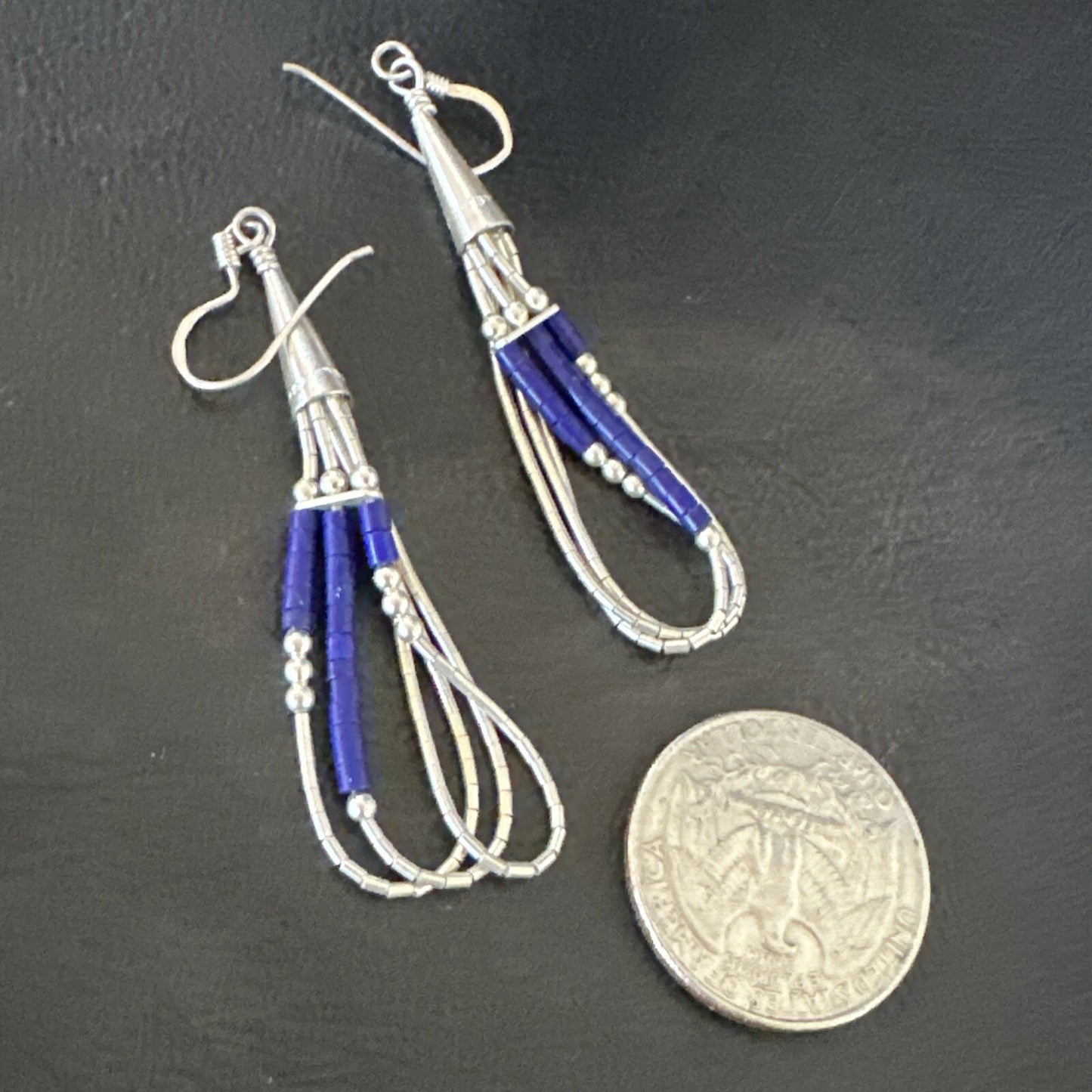 Blue Lapis 3S Heishi Liquid Sterling Silver Dangle Earrings 18099