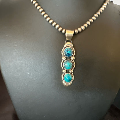 Blue Turquoise 3 Stone Navajo Sterling Silver Cluster Pendant 18193