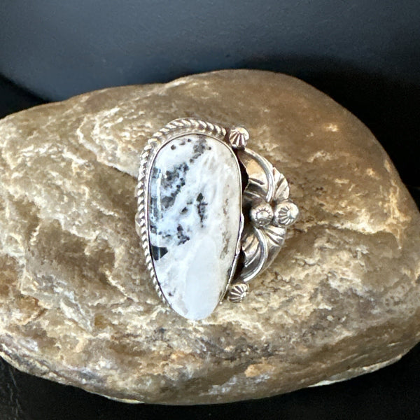 Men's Women's White Buffalo Turquoise Navajo Ring Size 10 | Sterling Silver | Authentic Native American Handmade | 18101