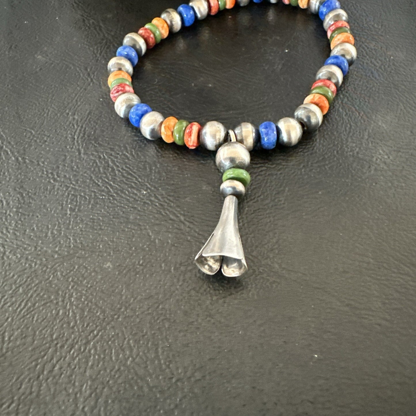 Multicolor Lapis Turquoise Stretch Bead Bracelet Navajo Sterling Silver 17908