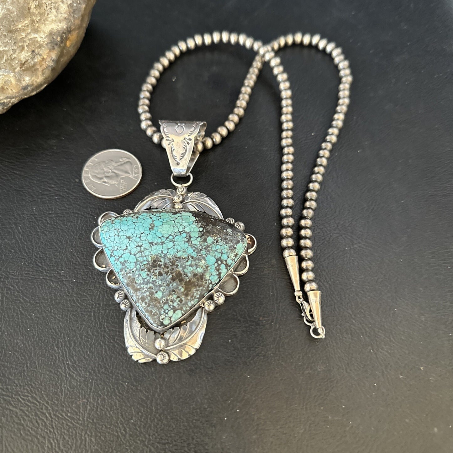 Blue Spiderweb Turquoise Pendant Navajo Pearls Sterling Silver Necklace 14807
