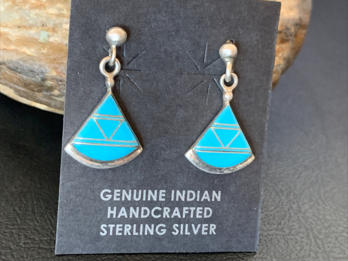 Blue Turquoise Inlay Zuni Sterling Silver Dangle Post Earrings 1" 12747