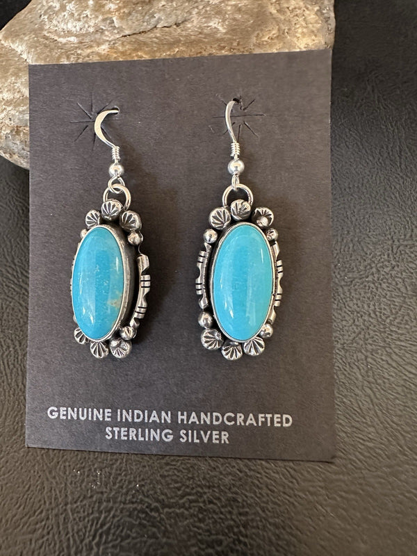Handmade Blue Turquoise Navajo Dangle Earrings Yazzie | Sterling Silver | Authentic Native American Handmade | 19536