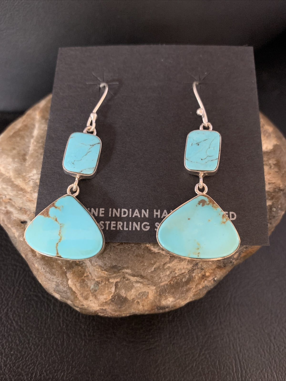 Blue Kingman Turquoise Navajo Sterling Silver Dangle Earrings 1.5" 14076