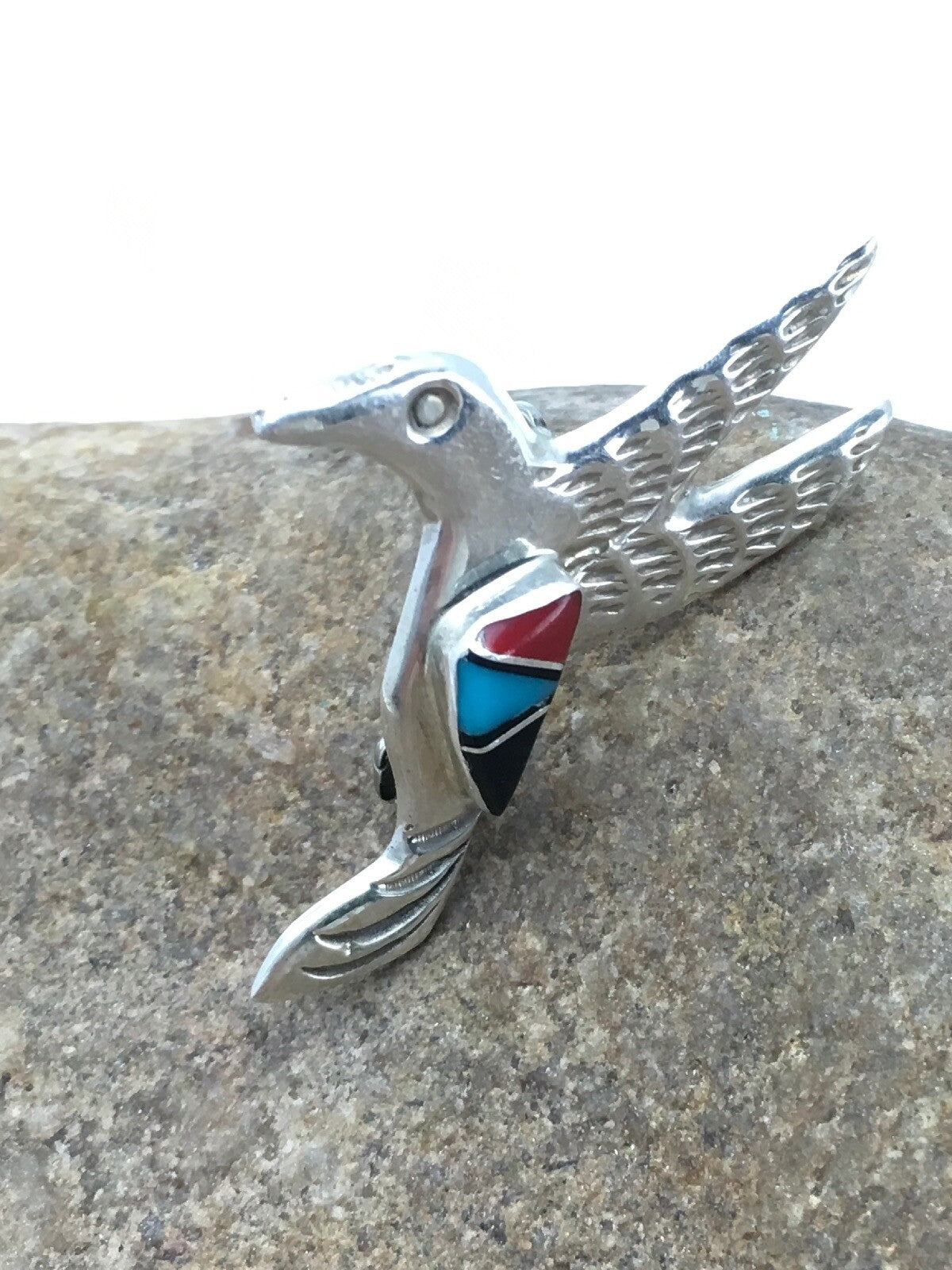 Turquoise & Coral Hummingbird Navajo Sterling Silver Pin 02899