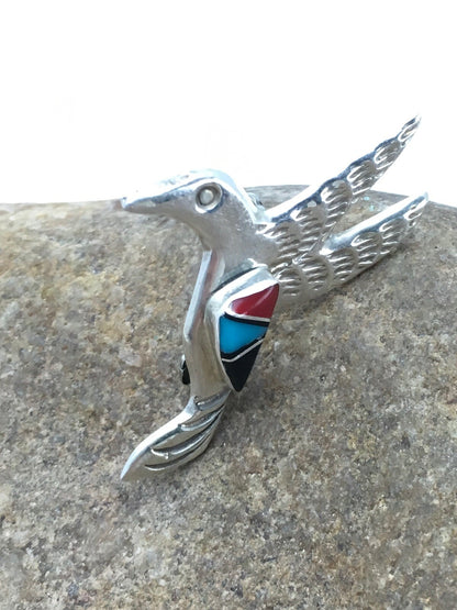 Turquoise & Coral Hummingbird Navajo Sterling Silver Pin 02899