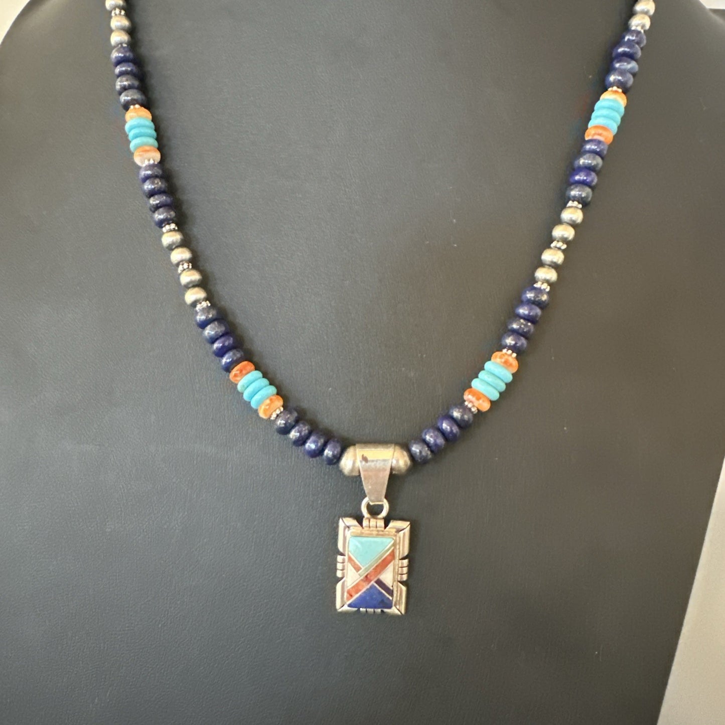 Multicolor Turquoise Coral Navajo Sterling Silver Inlay Pendant Necklace 19651