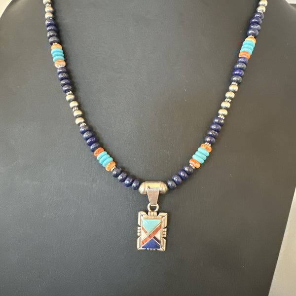 Multicolor Turquoise Coral Navajo Inlay Pendant Necklace | Sterling Silver | Authentic Native American Handmade | 19651