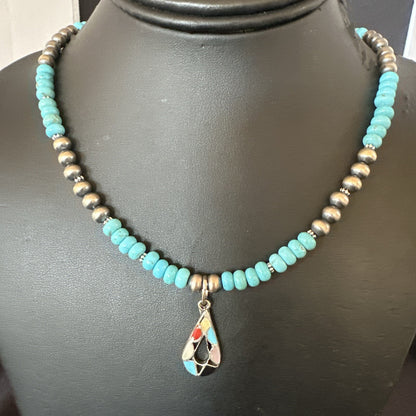 Zuni Turquoise Pink MOP Inlay Pendant 2Sided Necklace Sterling Silver 18064