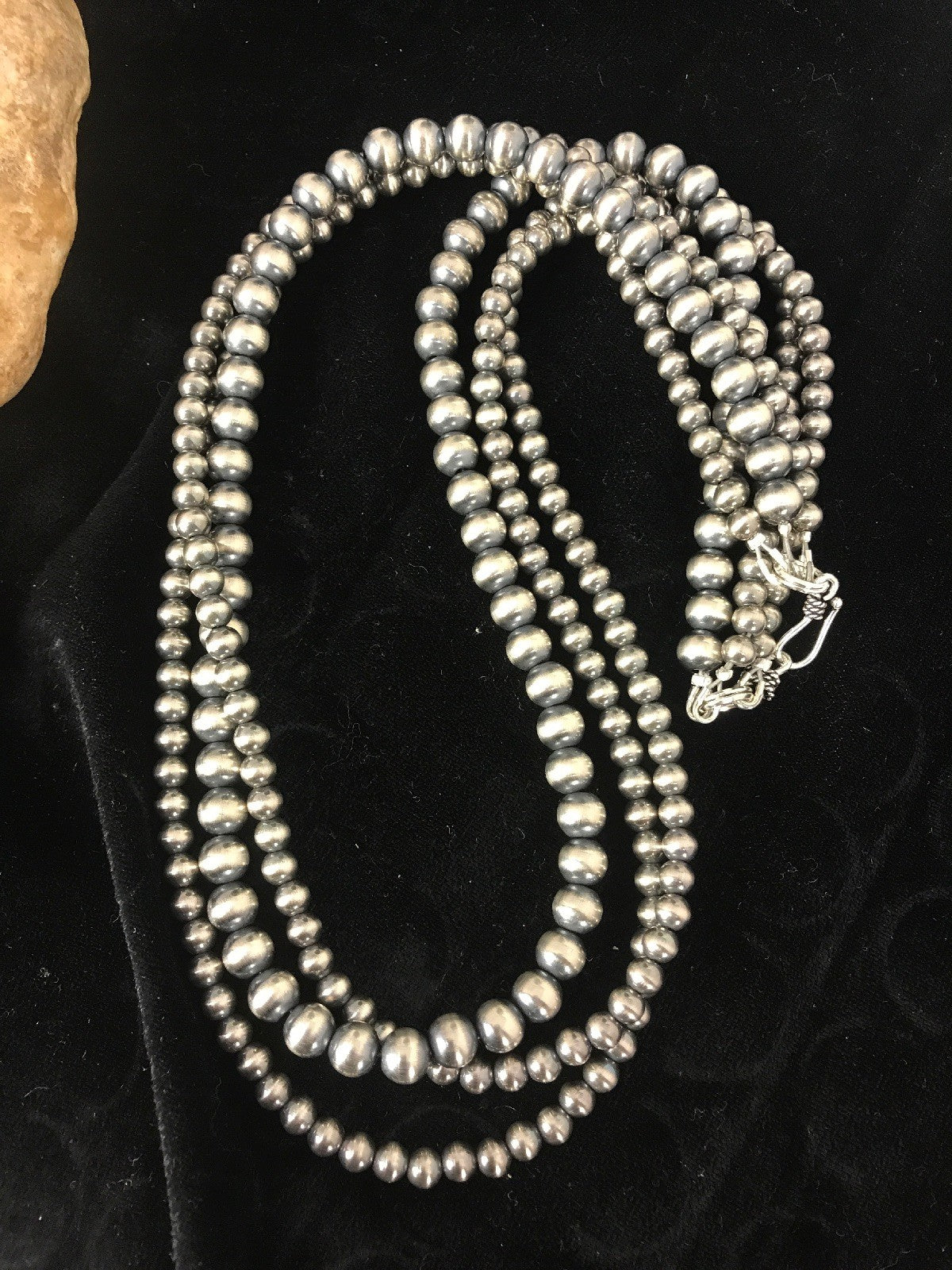 Native American 4, 5, 6 mm Sterling Silver Beads 3 Strand 30” Necklace