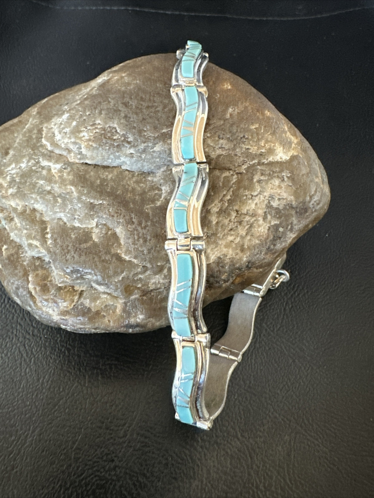 Blue Turquoise Navajo Old Pawn Sterling Silver Inlay Bracelet 8” 18132